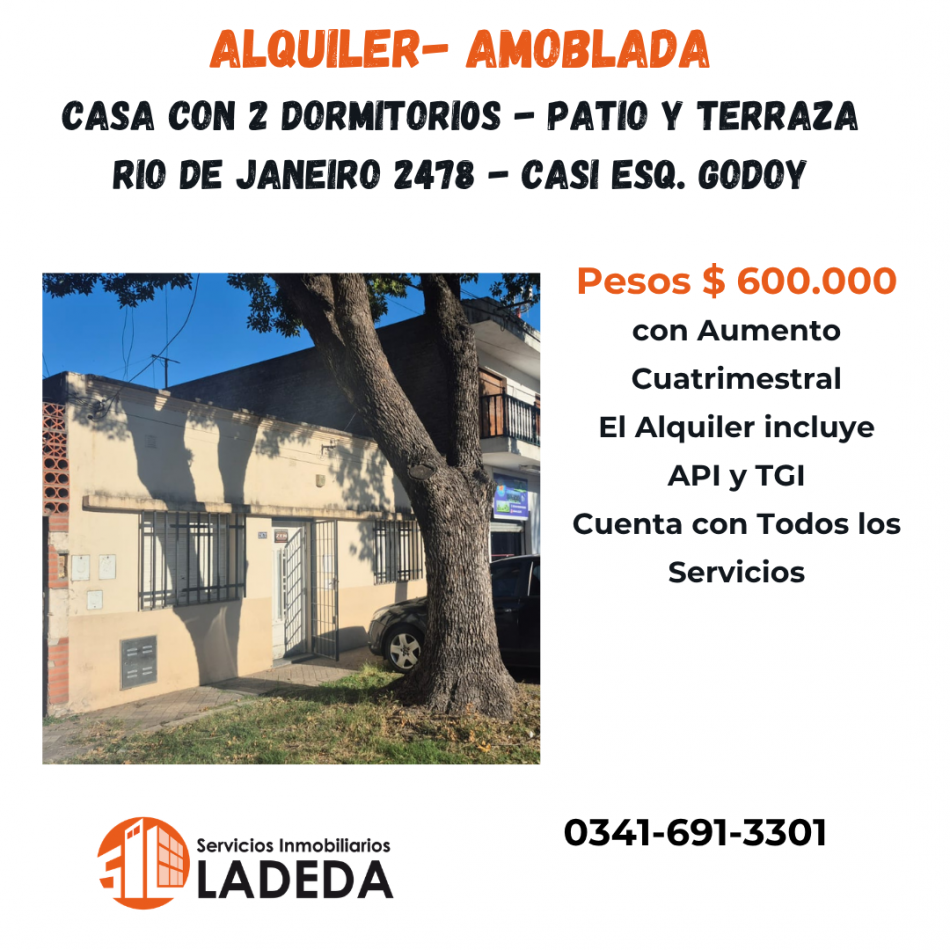 ALQUILO CASA AL FRENTE 2 DORMITORIOS- PATIO Y TERRAZA   - RIO DE JANEIRO 2478