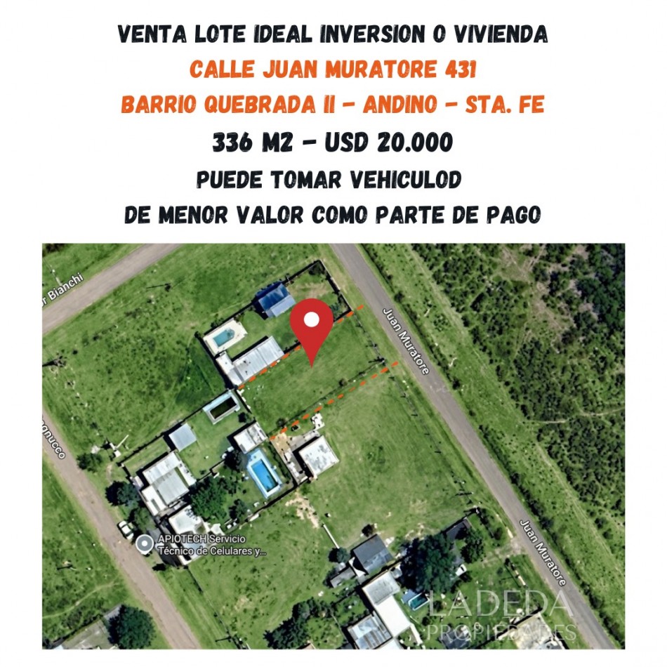 LOTE EN ANDINO DE 336M2 BARRIO QUEBRADA II